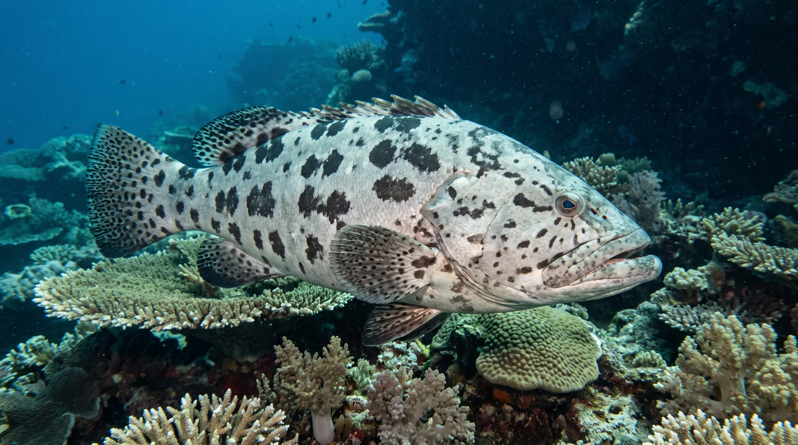 AI-generated illustration; species identification unverified. Potato Cod (Epinephelus tukula)