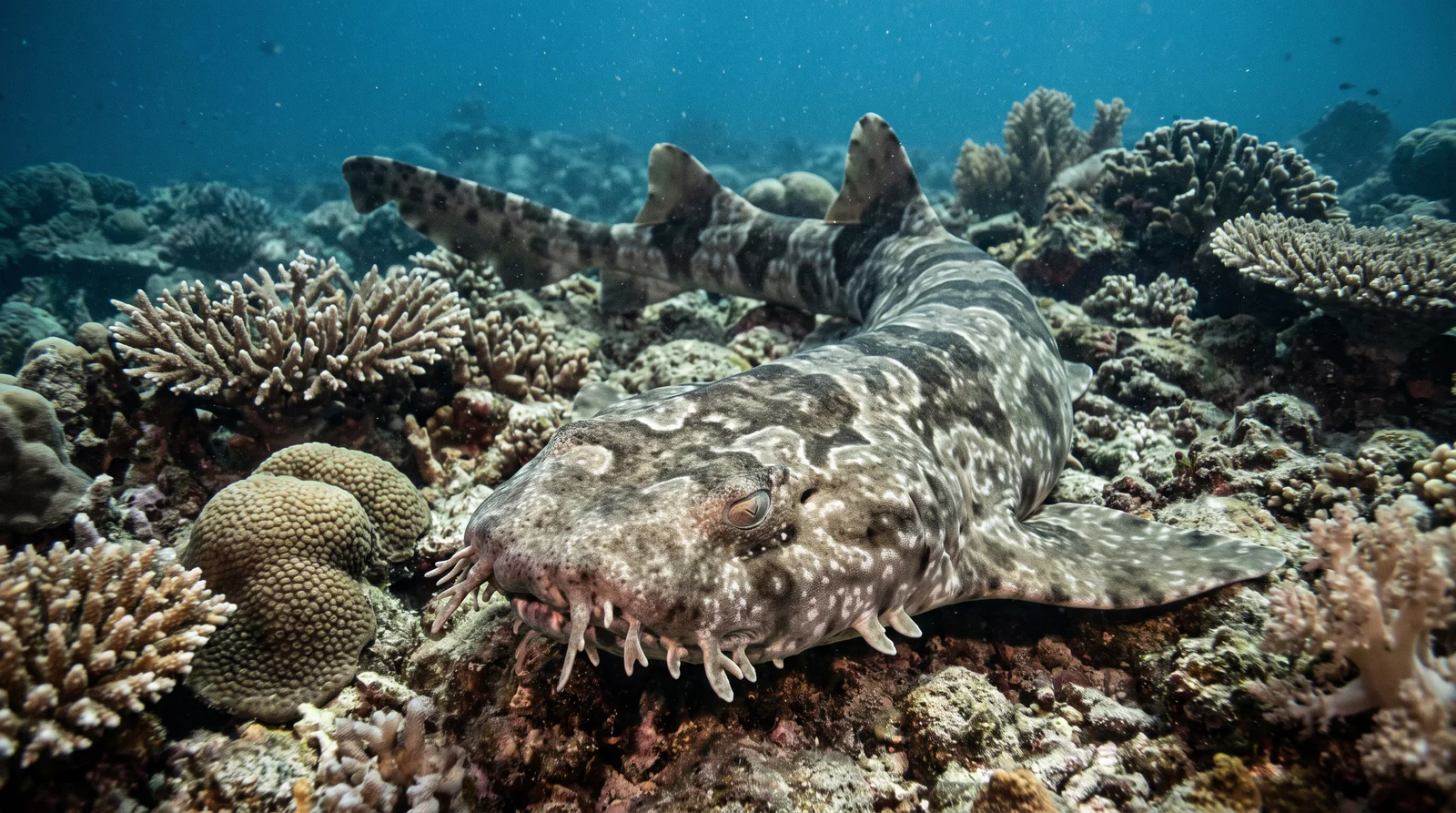 AI-generated illustration; species identification unverified. Ornate Wobbegong (Orectolobus ornatus)