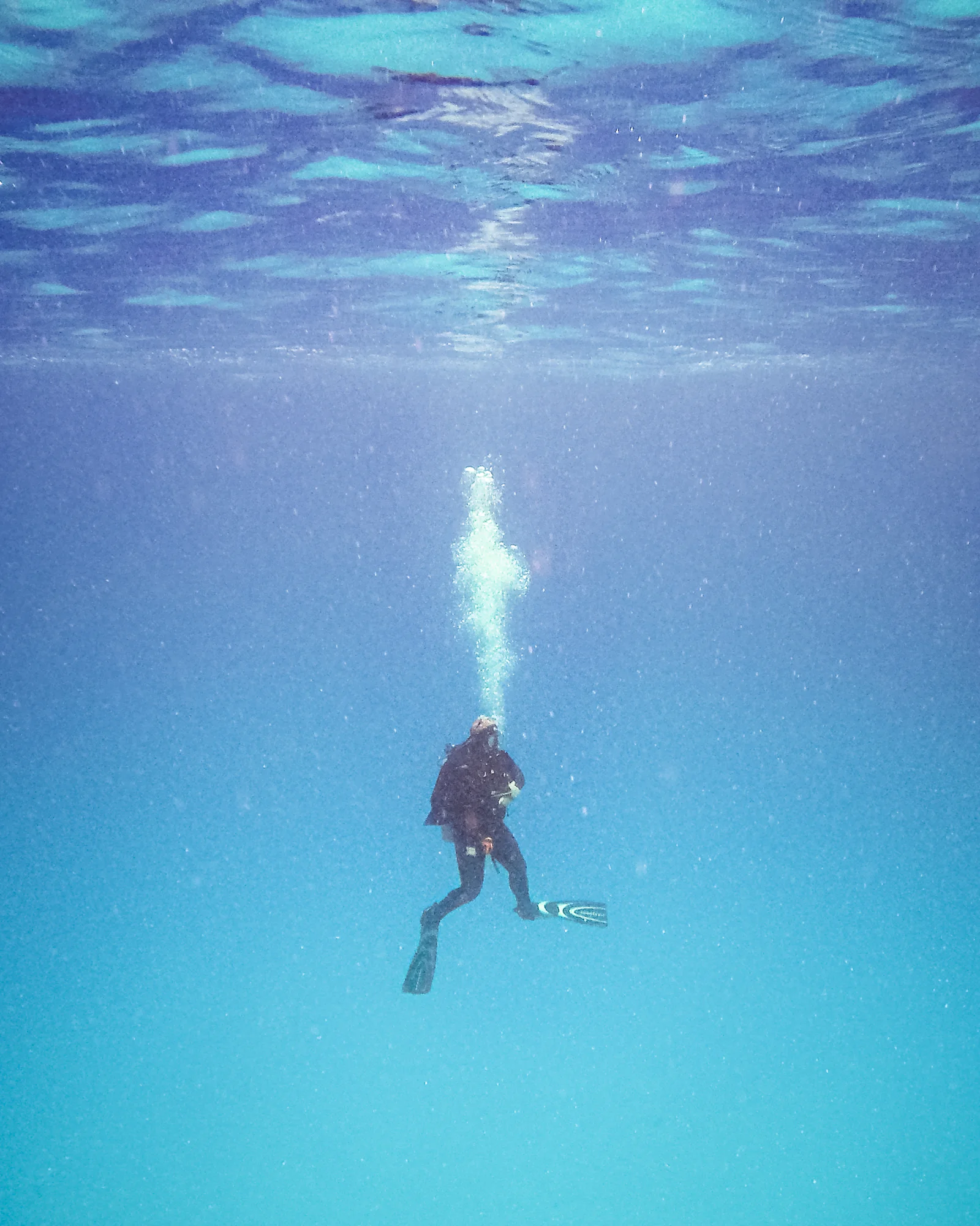 A scuba diver drifting through clear blue Caribbean water over a reef in Cozumel, Mexico.