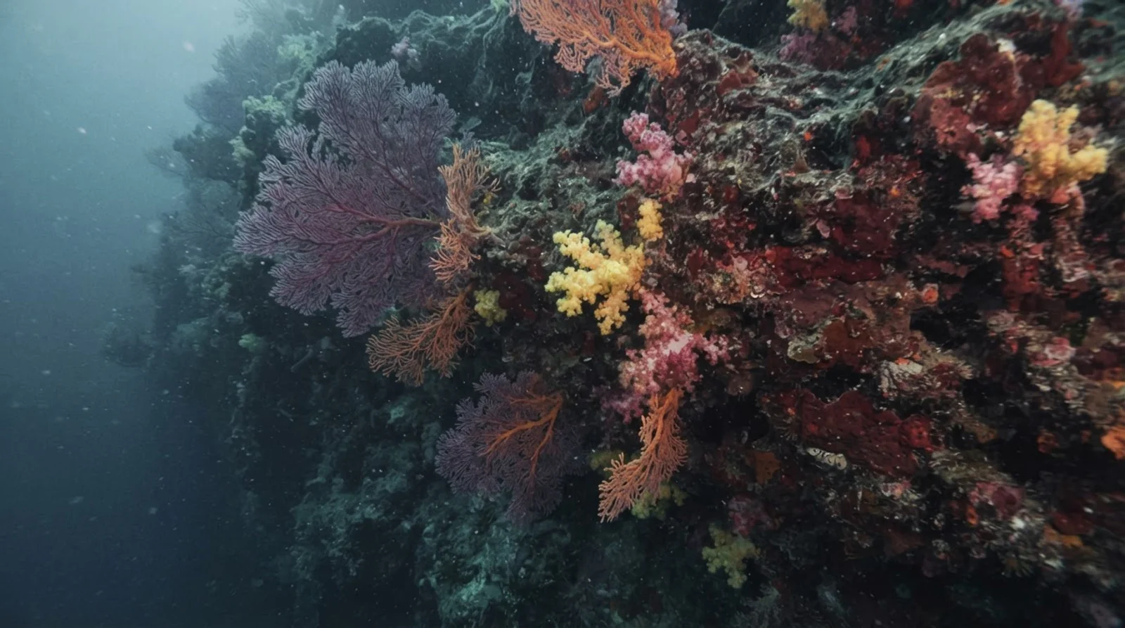 AI-generated illustration; site appearance unverified. Illustrative underwater habitat scene for North Wall. Not a photograph of the site.
