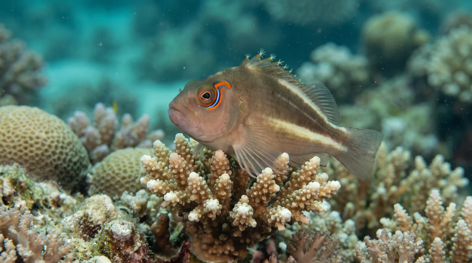 AI-generated illustration; species identification unverified. Arc-eye Hawkfish (Paracirrhites arcatus)