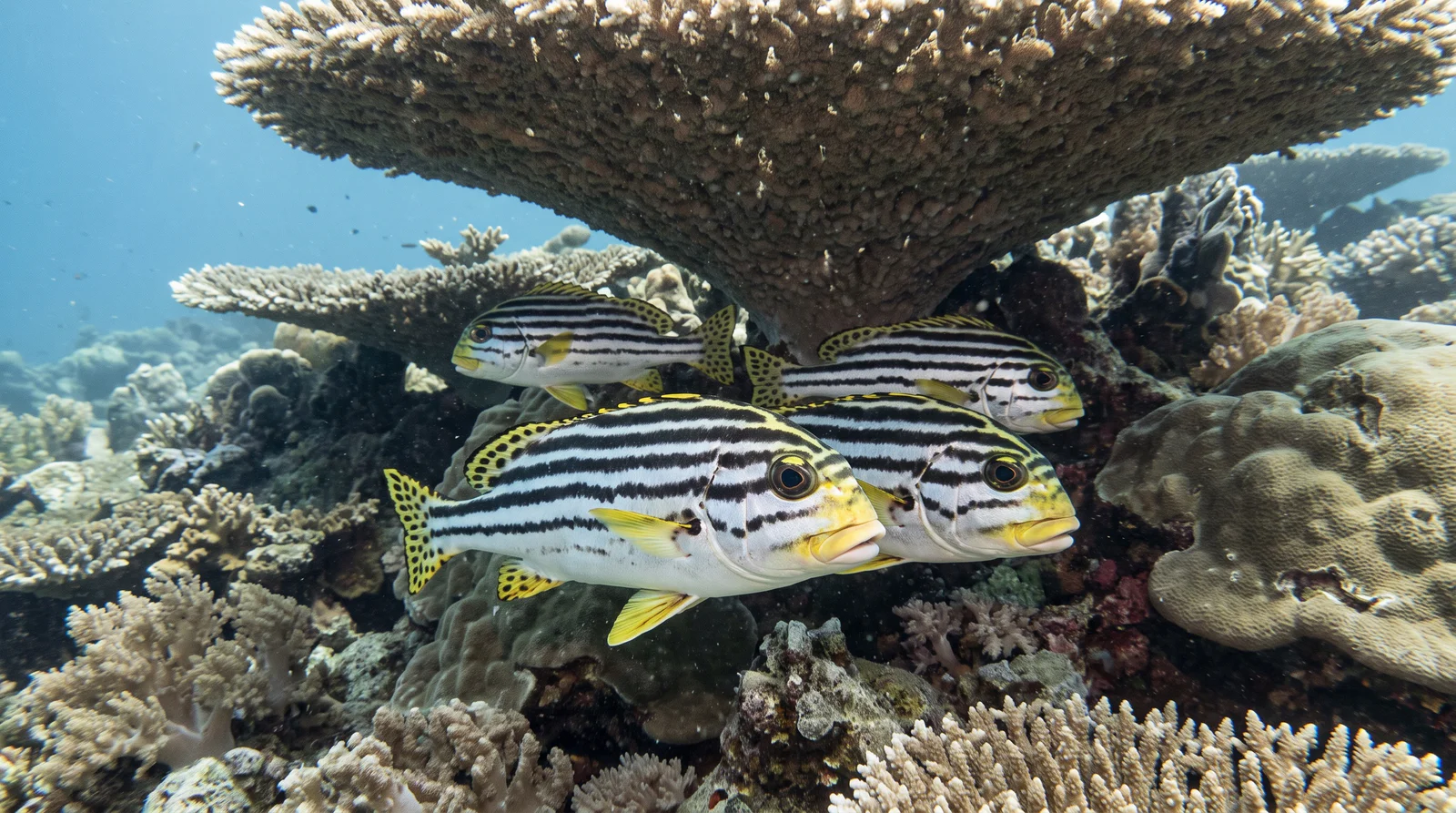 AI-generated illustration; species identification unverified. Oriental Sweetlips (Plectorhinchus vittatus)