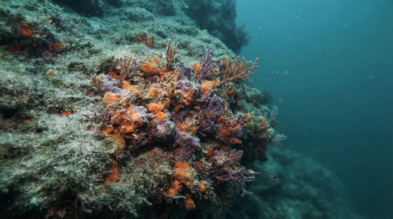 AI-generated illustration; site appearance unverified. Illustrative underwater reef habitat for Devil's Point. Not a photograph of the site.