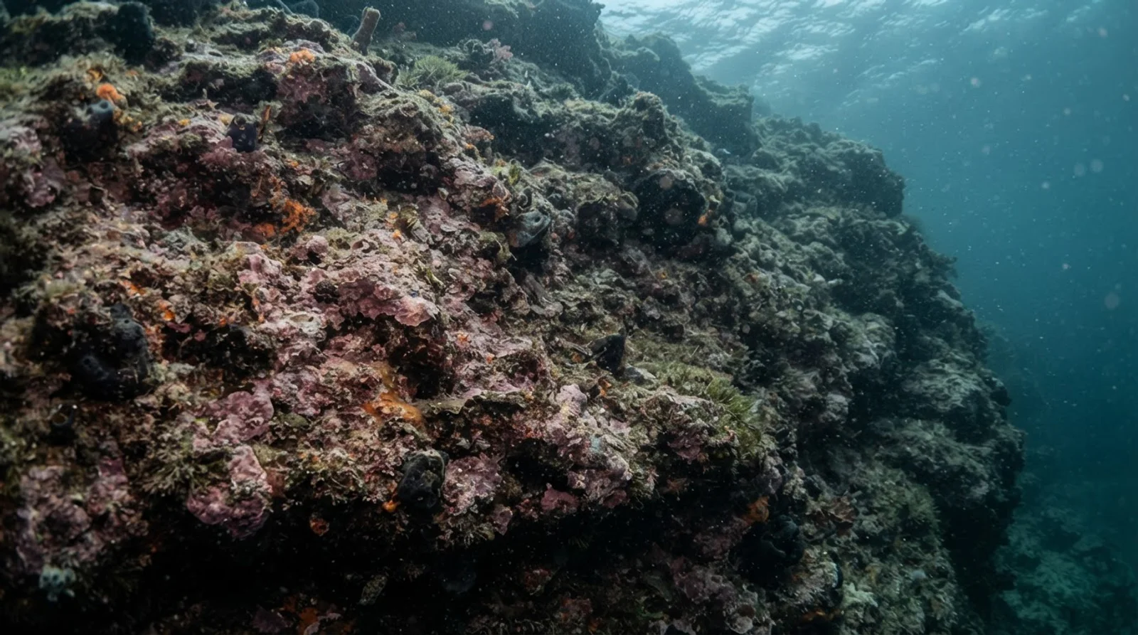 AI-generated illustration; site appearance unverified. Illustrative underwater reef habitat for Paliton Wall. Not a photograph of the site.