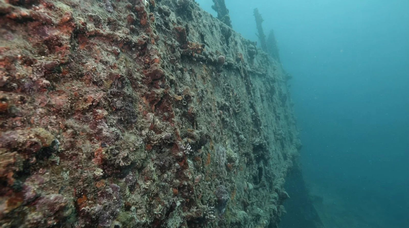 AI-generated illustration; site appearance unverified. Illustrative underwater detail for Camia II Wreck. Not a photograph of the site.