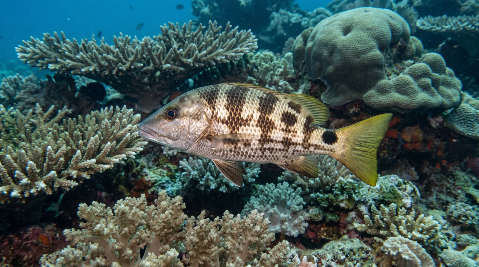AI-generated illustration; species identification unverified. Checkered Snapper (Lutjanus decussatus)