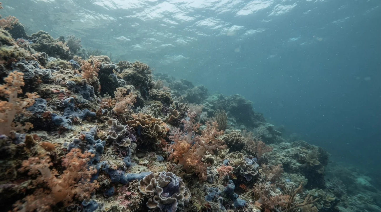 AI-generated illustration; site appearance unverified. Illustrative underwater reef habitat for Apol's Point. Not a photograph of the site.