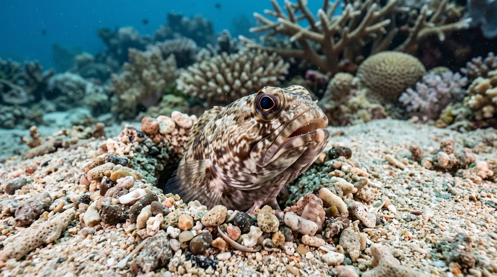 AI-generated illustration; species identification unverified. Jawfish (assorted) (Opistognathidae spp.)