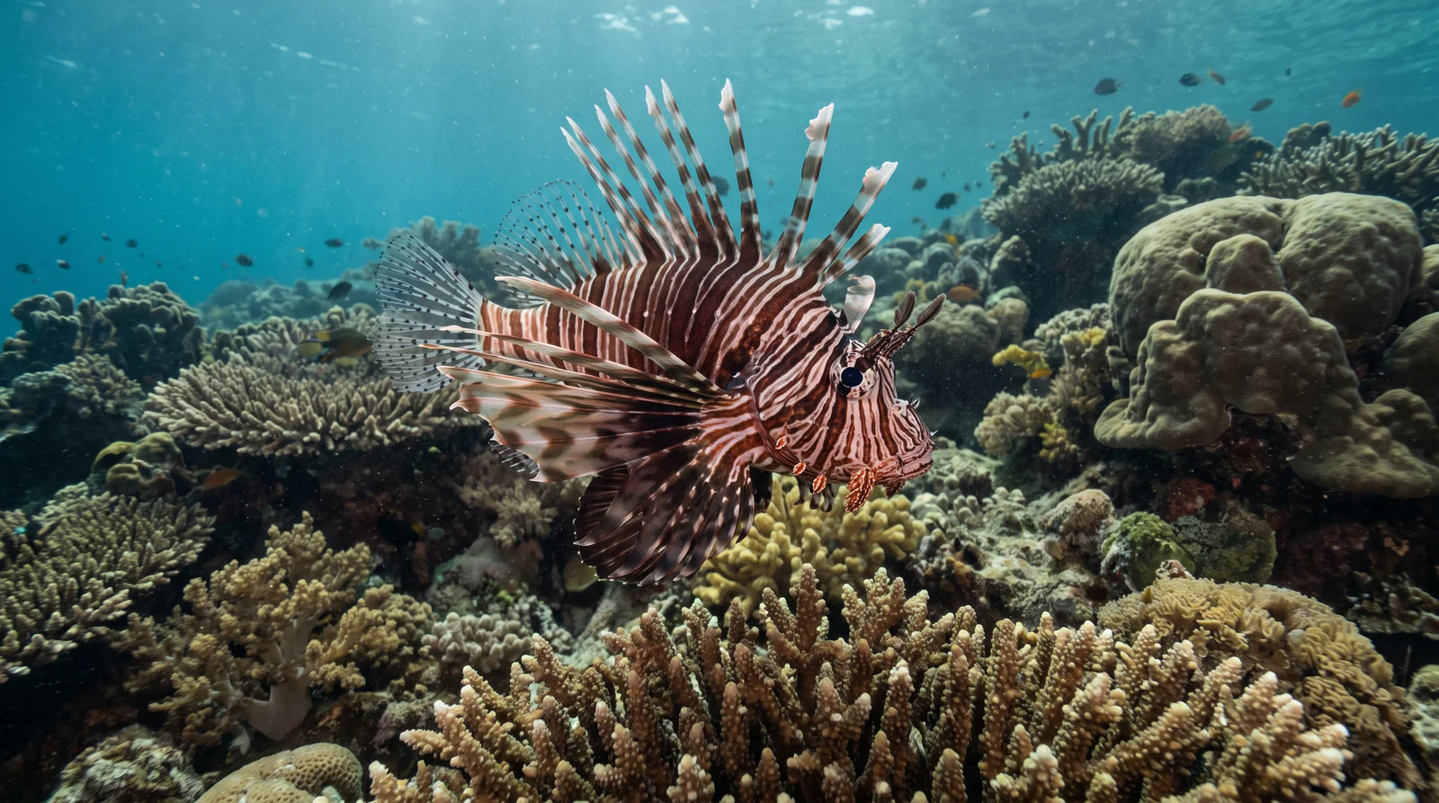 AI-generated illustration; species identification unverified. Red Lionfish (Pterois volitans)