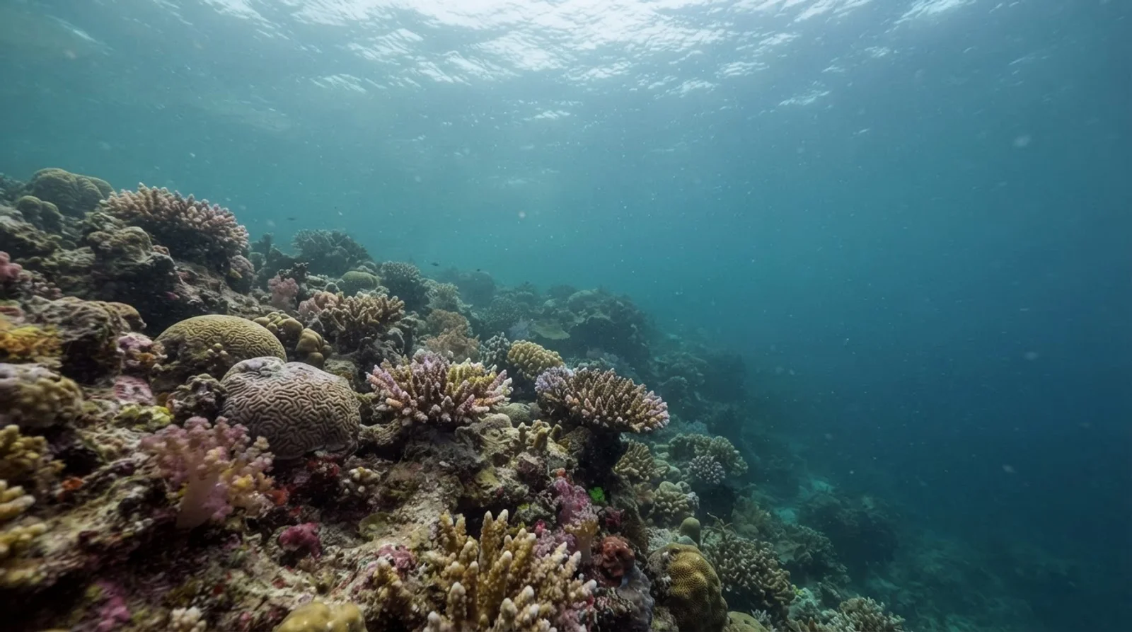 AI-generated illustration; site appearance unverified. Illustrative underwater reef habitat for Lighthouse. Not a photograph of the site.