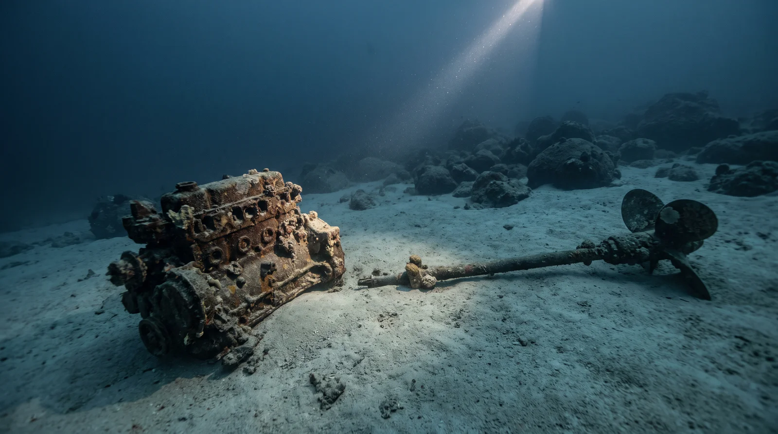 An engine block and propeller shaft on flat sand in deep water, all that remains of an unidentified wooden vessel.
