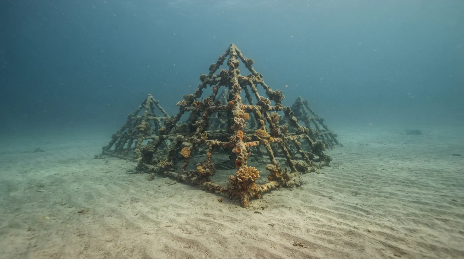 AI-generated illustration; site appearance unverified. Illustrative underwater scene for Pyramids. Not a photograph of the site.