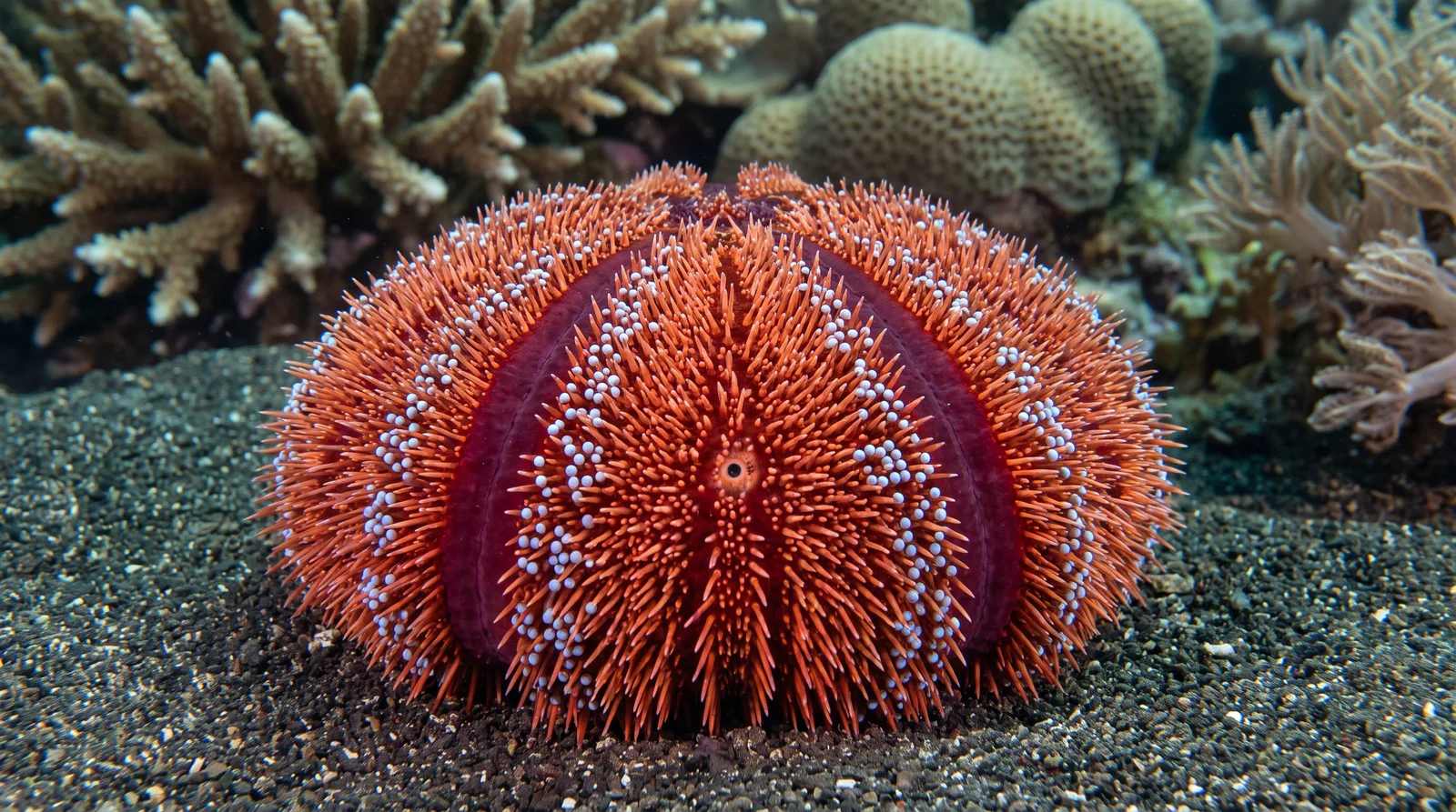 AI-generated illustration; species identification unverified. Fire Urchin (Asthenosoma varium)