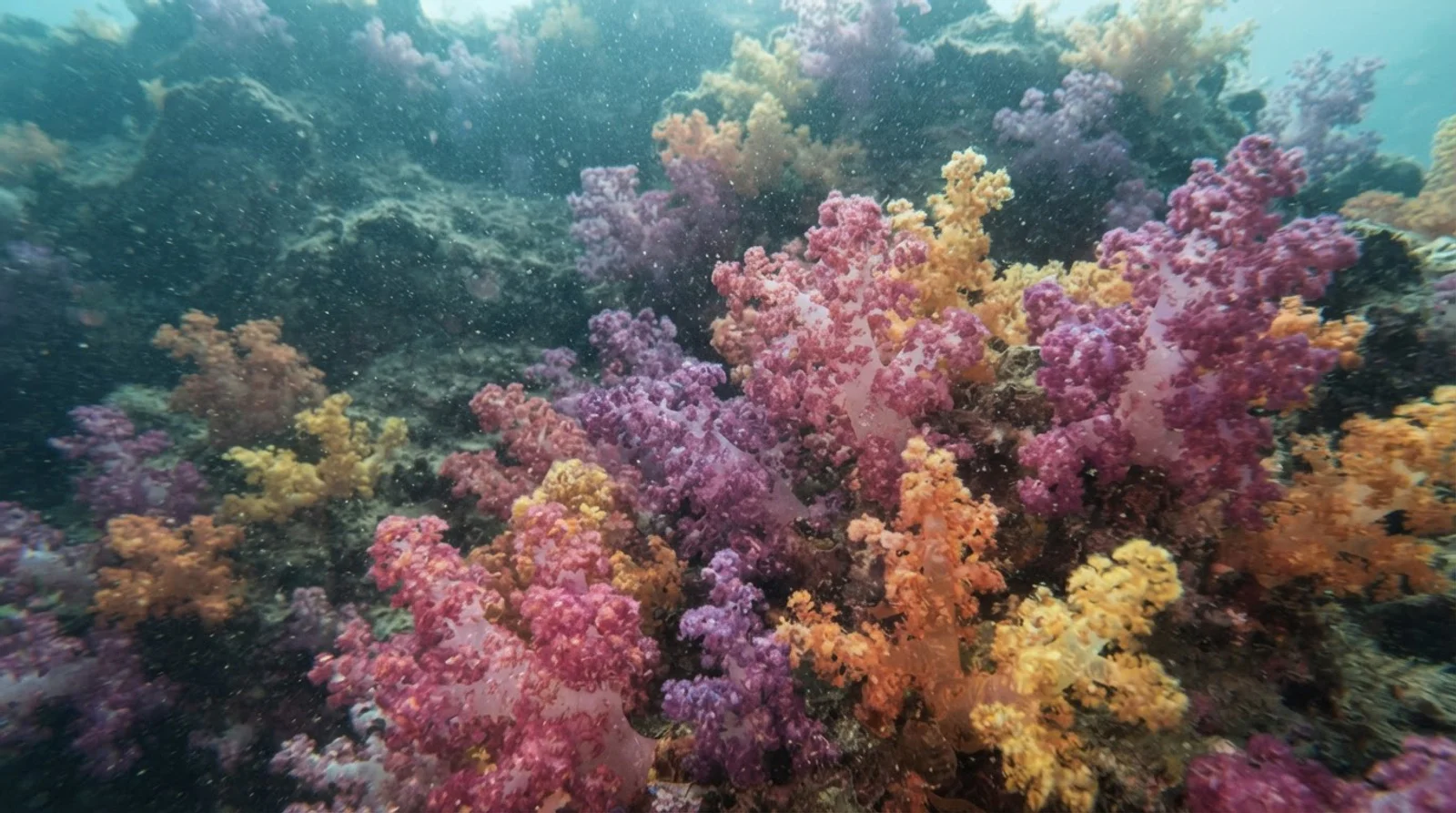 AI-generated illustration; site appearance unverified. Illustrative underwater reef habitat for Dynamite Point Reef. Not a photograph of the site.