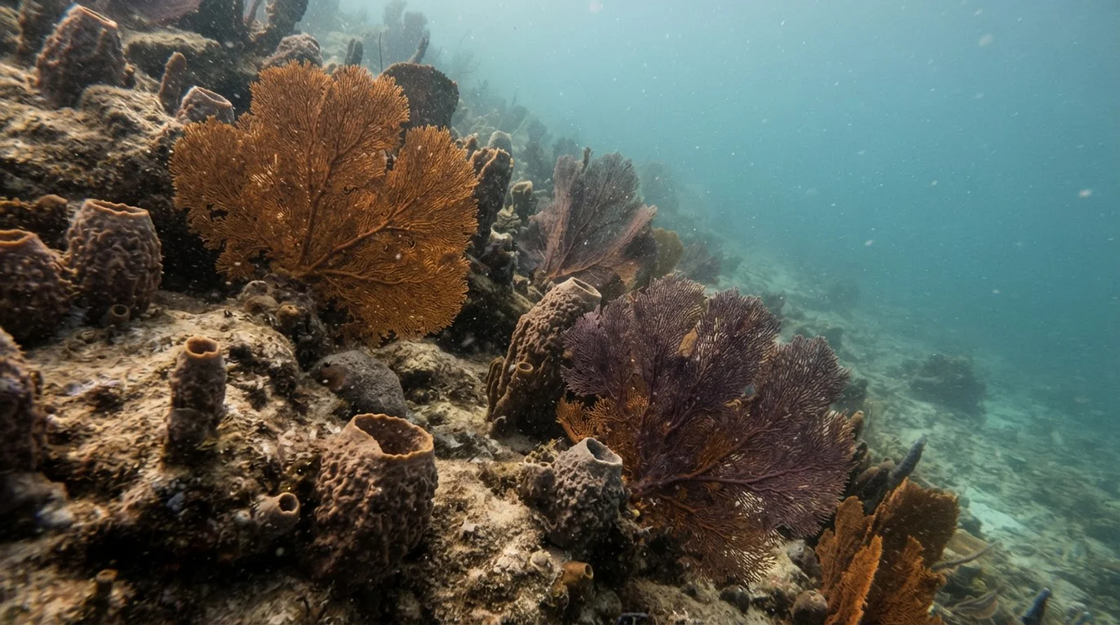 AI-generated illustration; site appearance unverified. Illustrative underwater reef habitat for Kalanggaman Island. Not a photograph of the site.